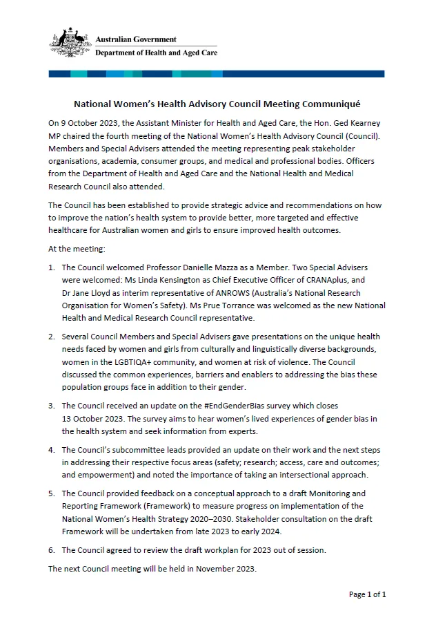 National Women’s Health Advisory Council communique – 9 October 2023