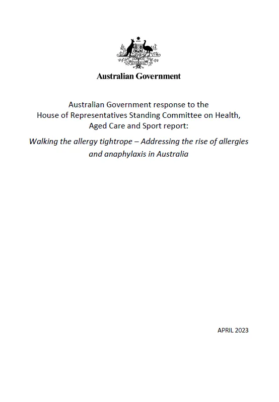 Australian Government response to the House of Representatives Standing Committee on Health, Aged Care and Sport report – allergies and anaphylaxis