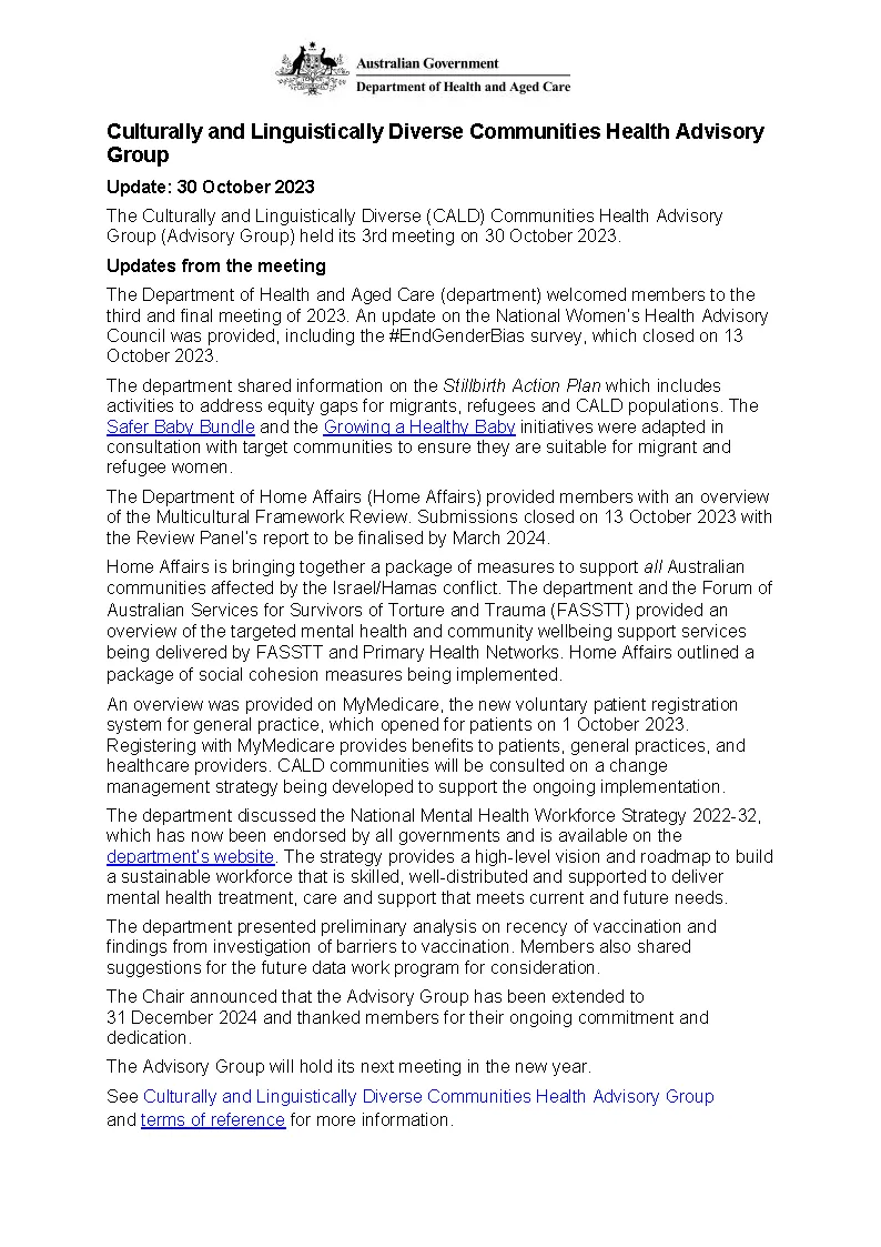 CALD Communities Health Advisory Group communique – 30 October 2023