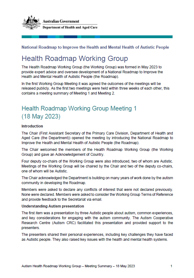 Health Roadmap Working Group meeting summaries – Meeting 1 and 2 communique