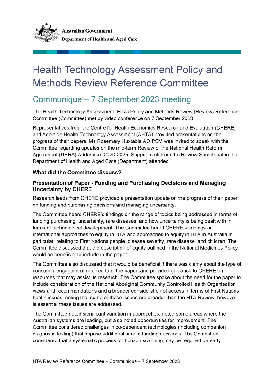 Health Technology Assessment Policy and Methods Review - Reference committee meeting communique – 7 September 2023