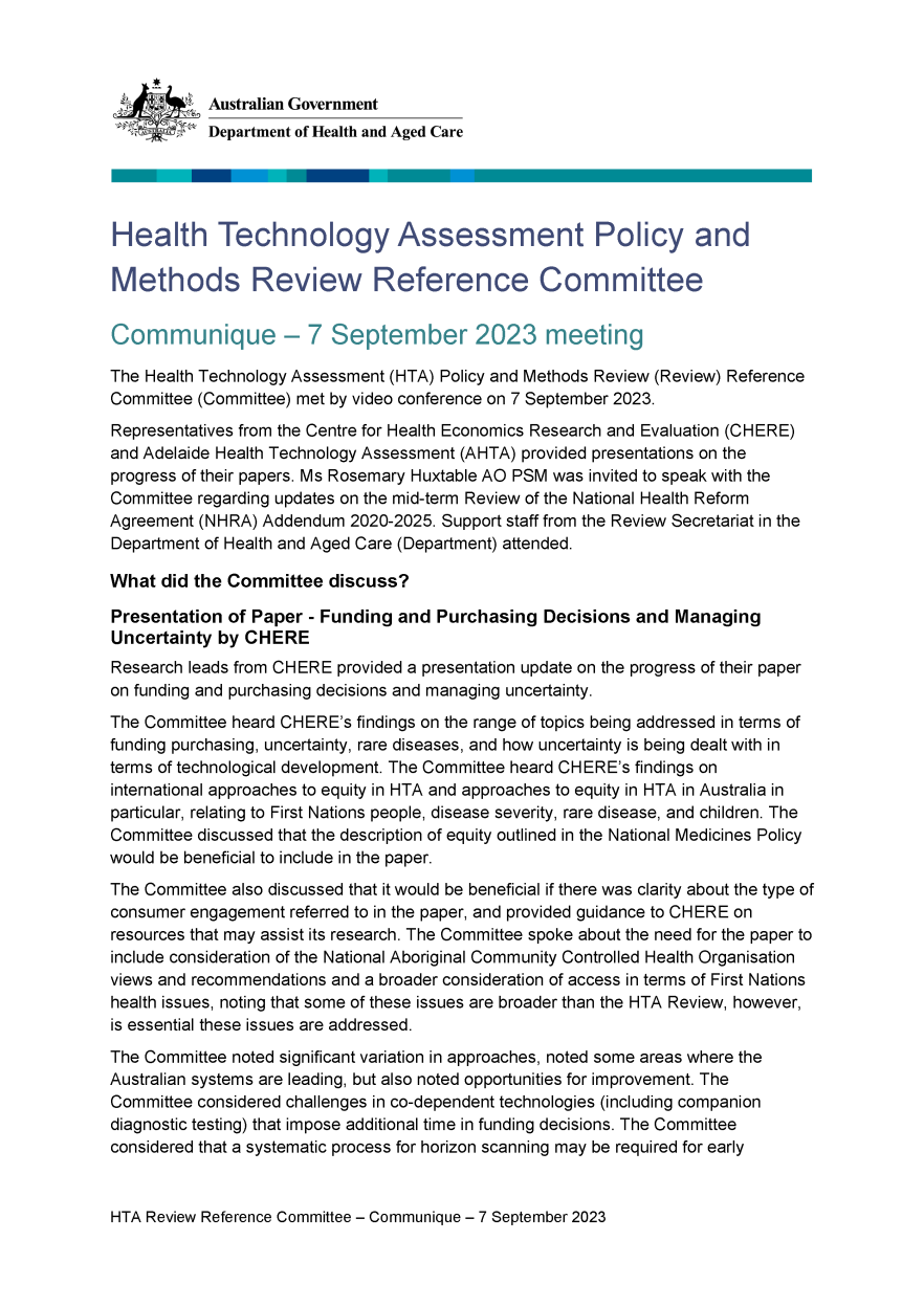 Health Technology Assessment Policy and Methods Review - Reference committee meeting communique – 7 September 2023