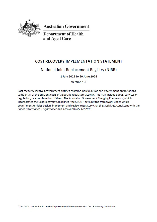National Joint Replacement Registry cost recovery implementation statement