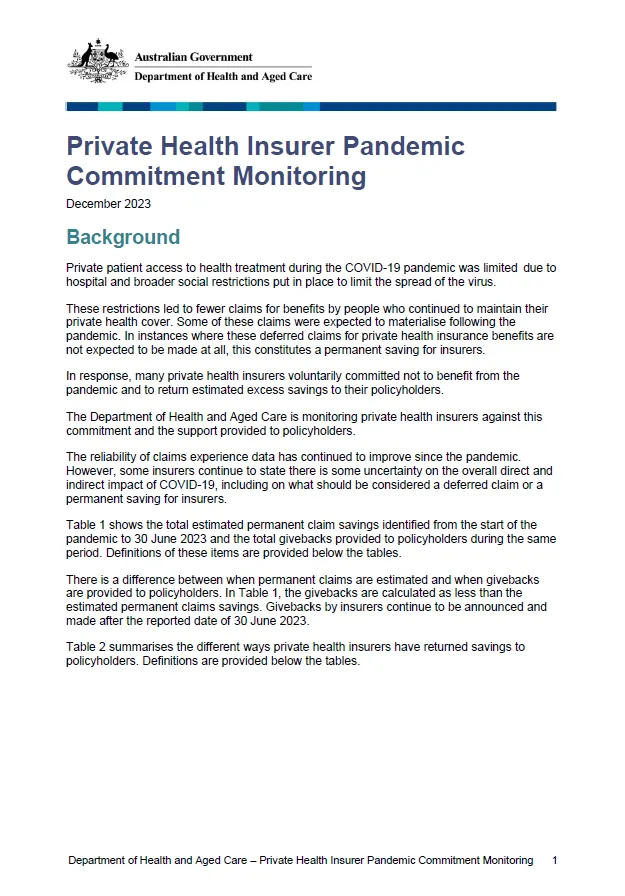 Private Health Insurer pandemic commitment monitoring