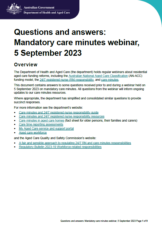 Cover image for Questions and answers from the Mandatory Care Minutes webinar – 5 September 2023