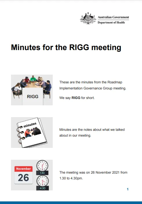 Cover image for Roadmap Implementation Governance Group (RIGG) – Meeting minutes – 26 November 2021 – Easy Read