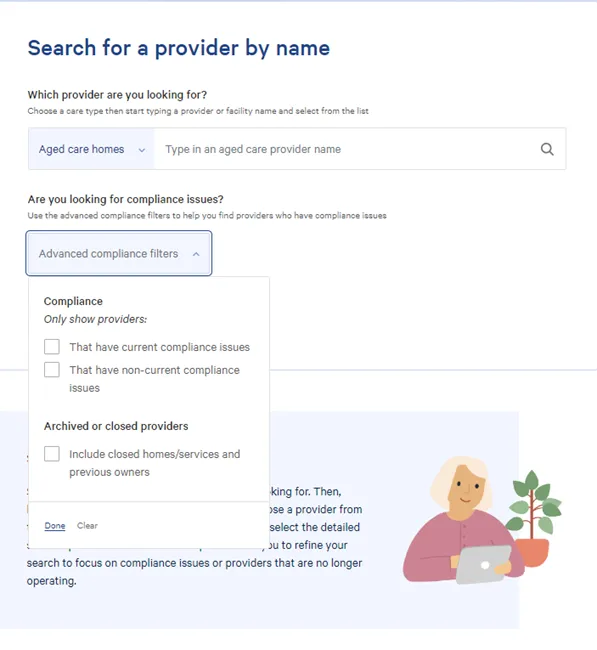 Screenshot of the 'Search for a provider by name' screen, asking 'which provider are you looking for' and 'are you looking for compliance issues'
