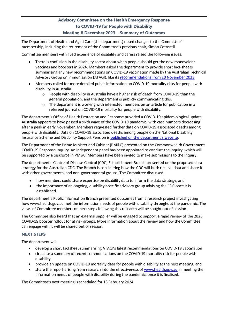 Advisory Committee for the COVID-19 Response for People with Disability – Summary of outcomes 8 December 2023