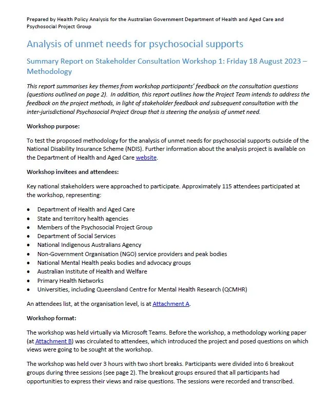 Consultation Workshop 1 Summary
