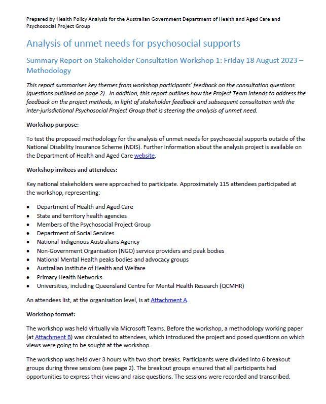 Consultation Workshop 1 Summary