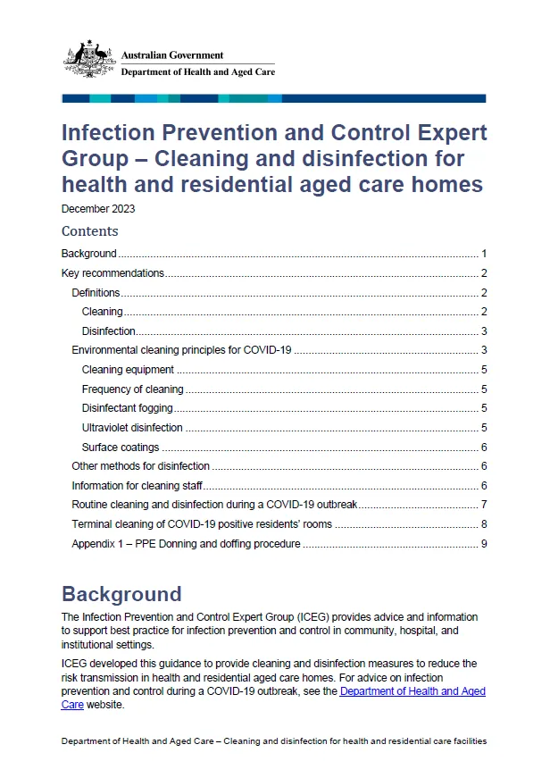 Cover image for Coronavirus (COVID-19) cleaning and disinfection for health and residential aged care homes