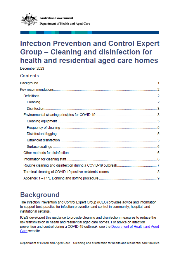 Cover image for Coronavirus (COVID-19) cleaning and disinfection for health and residential aged care homes