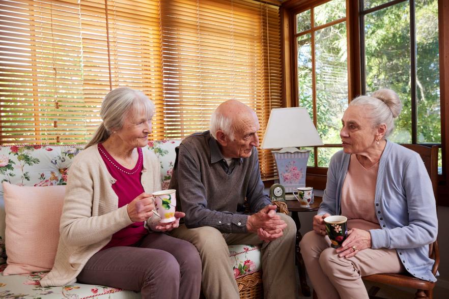 Image of 3 older people sitting on sofas and chatting