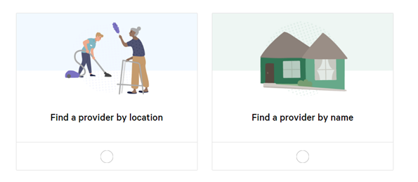 Screenshots of the 'Find a provider by location' and 'Find a provider by name' icons