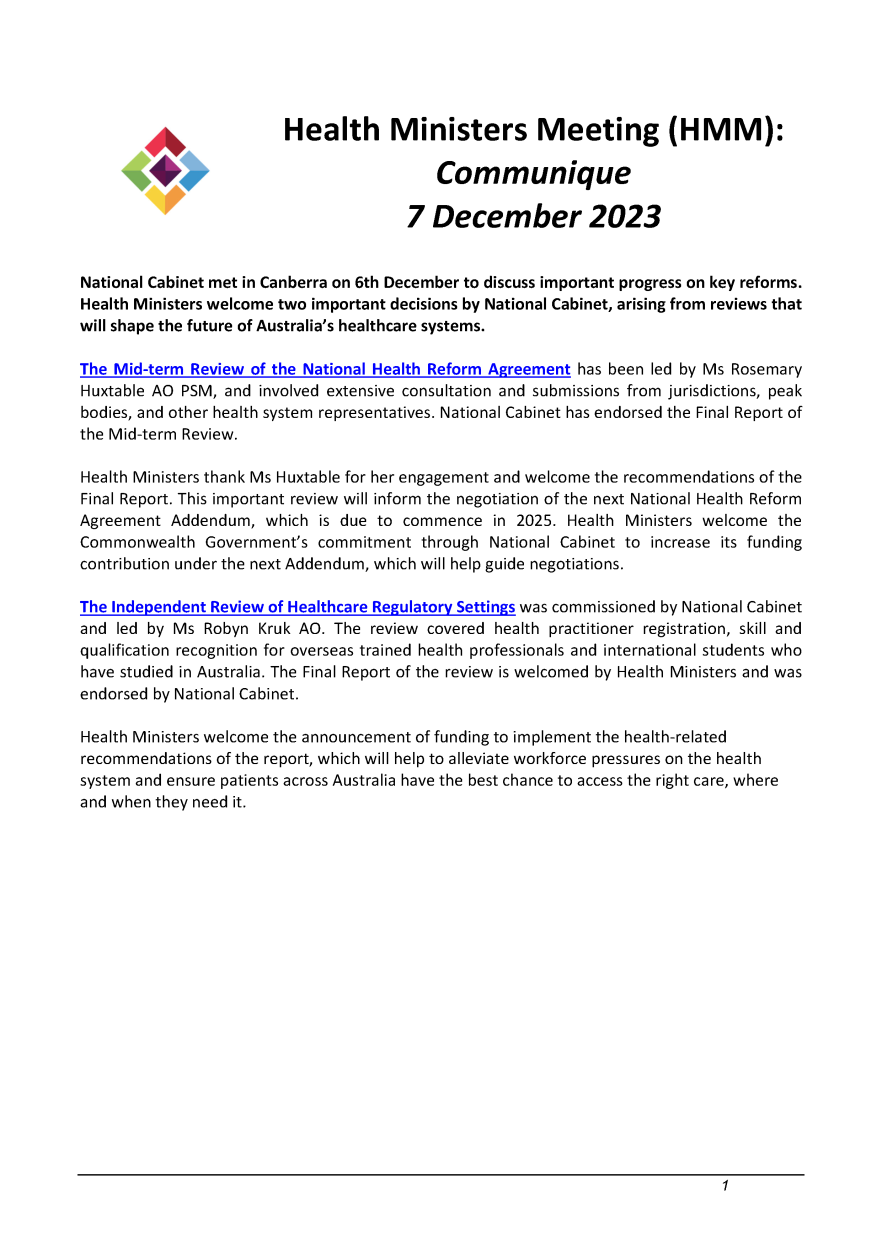 Health Ministers Meeting – Communique 7 December 2023