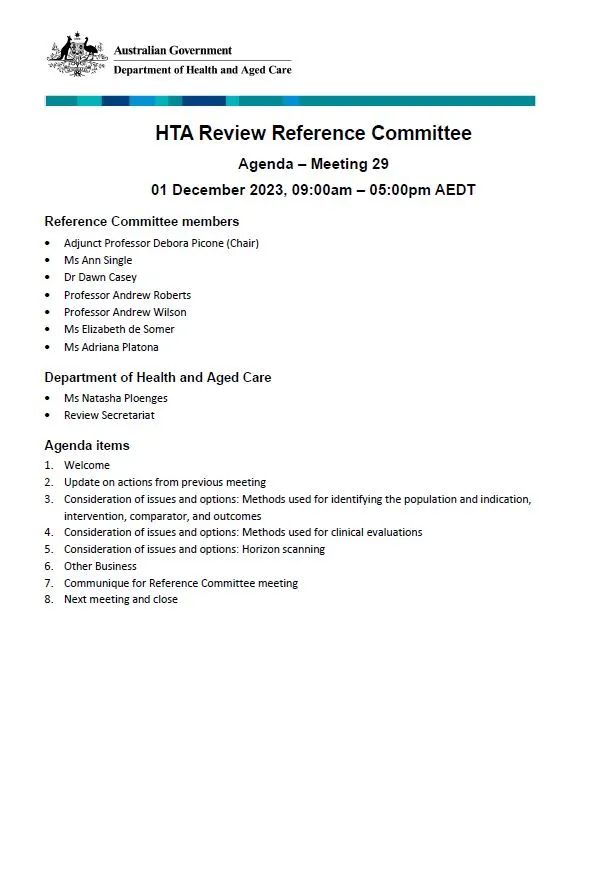 Health Technology Assessment Policy and Methods Review – Reference committee meeting agenda – 1 December 2023