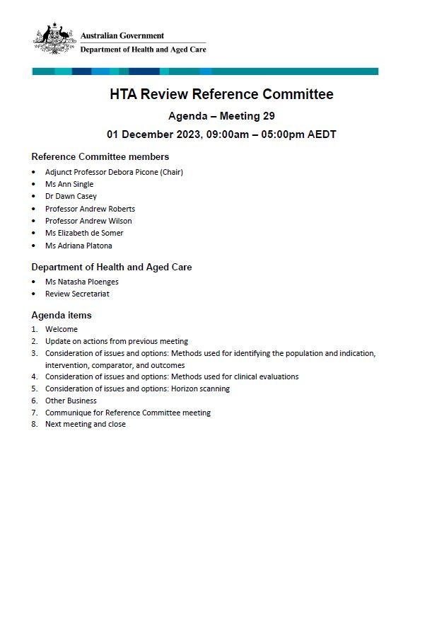 Health Technology Assessment Policy and Methods Review – Reference committee meeting agenda – 1 December 2023