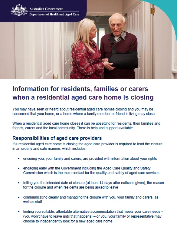 Cover image for Information for residents, families or carers when a residential aged care home is closing 