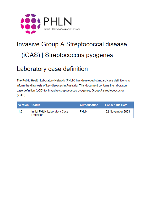 Invasive Group A Streptococcal disease (iGAS)– Laboratory case definition