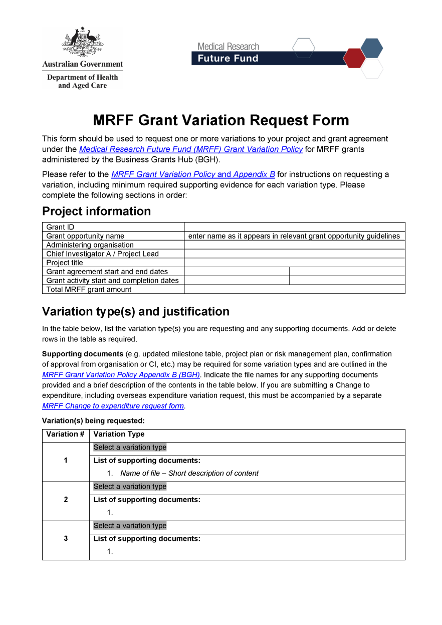 Medical Research Future Fund grant variation request form – Business Grants Hub-administered grants