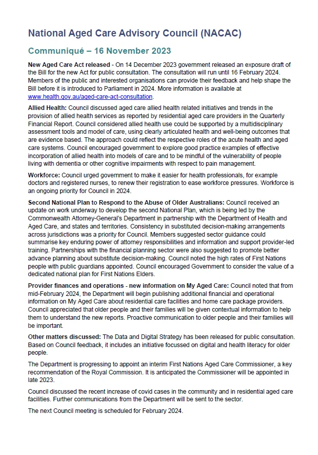 National Aged Care Advisory Council communique – November 2023
