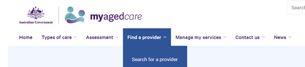 Screenshot of the My Aged Care website top banner, with the buttons 'Find a provider' and 'Search for a provider' highlighted