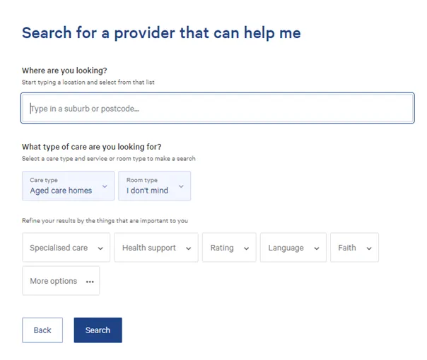 Screenshot of the 'Search for a provider that can help me' screen, asking 'Where are you looking' and 'What type of care are you looking for'