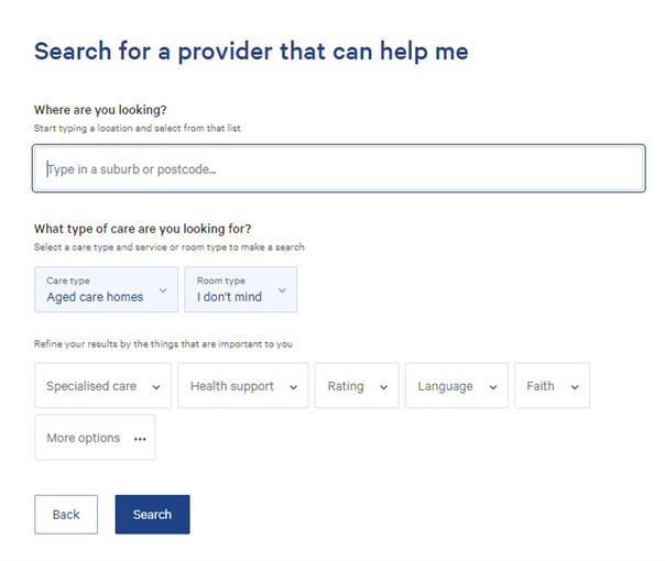Screenshot of the 'Search for a provider that can help me' screen, asking 'Where are you looking' and 'What type of care are you looking for'