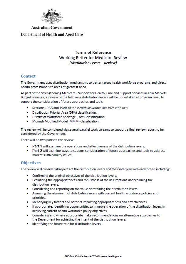Terms of reference – Working Better for Medicare Review