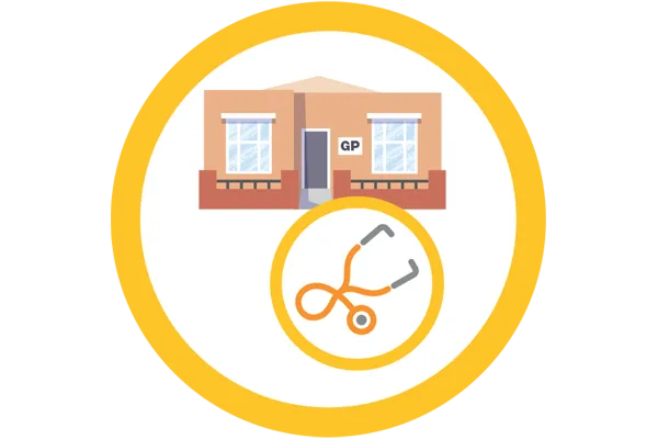Stethoscope in front with medical facility building in background