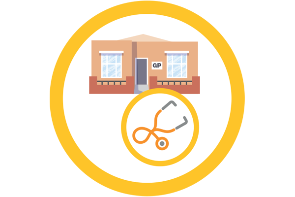 Stethoscope in front with medical facility building in background
