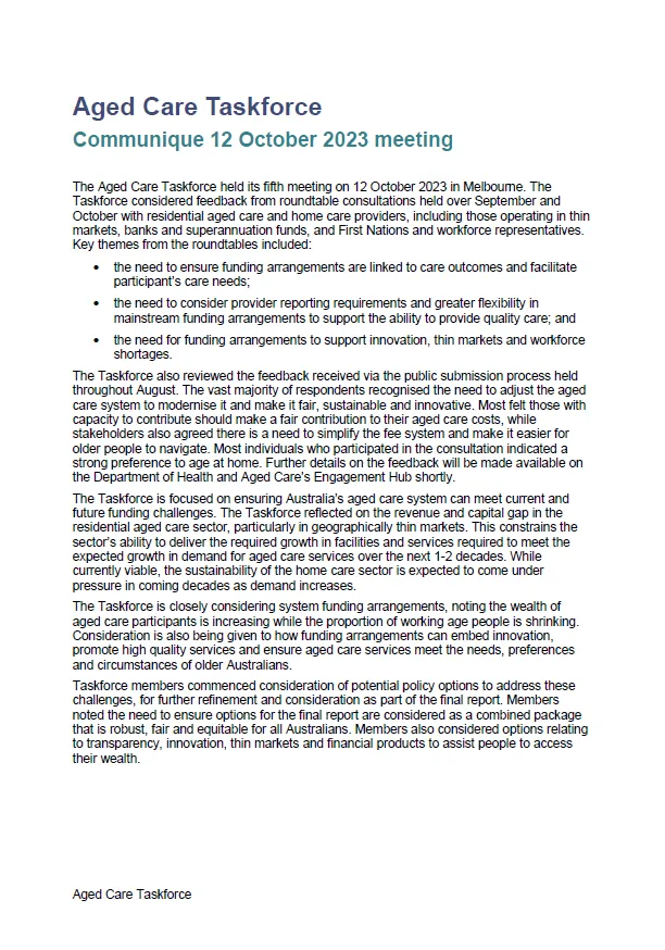 Cover image for Aged Care Taskforce communique – 12 October 2023
