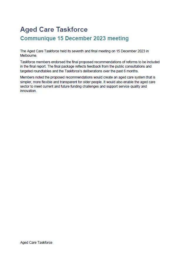 Cover image for Aged Care Taskforce communique – 15 December 2023