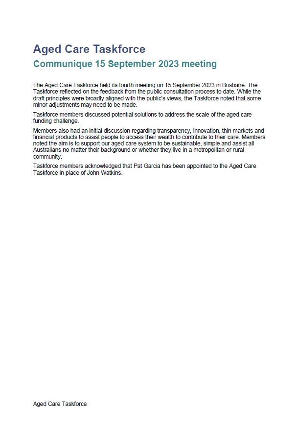 Cover image for Aged Care Taskforce communique – 15 September 2023