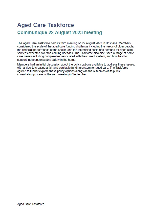 Cover image for Aged Care Taskforce communique – 22 August 2023