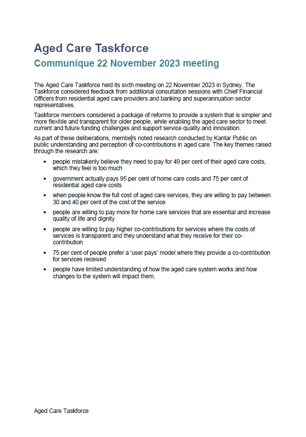Cover image for Aged Care Taskforce communique – 22 November 2023