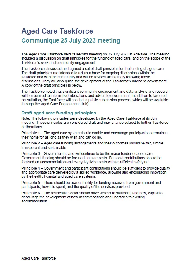 Cover image for Aged Care Taskforce communique – 25 July 2023