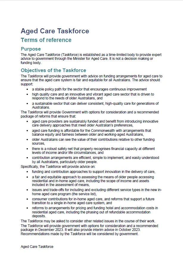 Cover image for Aged Care Taskforce – Terms of reference 