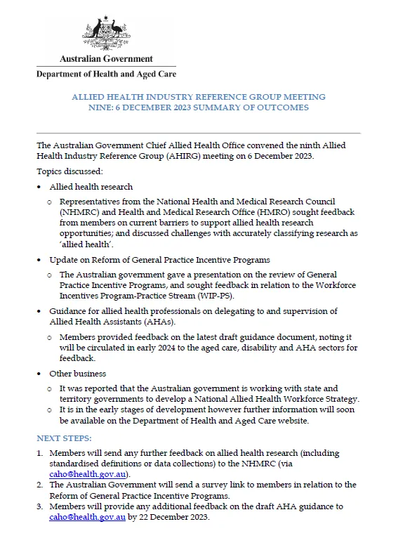 Allied health Industry Reference Group meeting 9 cover page