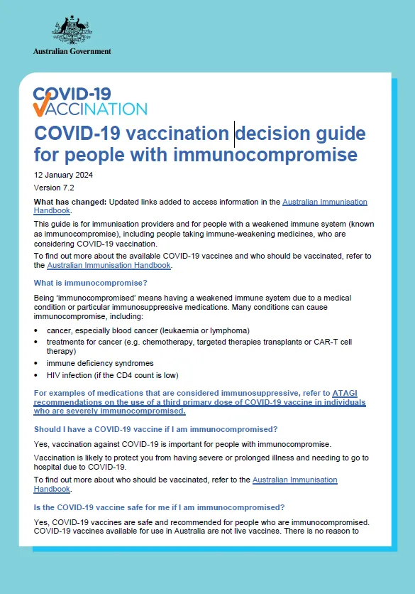 ATAGI – COVID-19 vaccination – Shared decision making guide for people with immunocompromise cover page