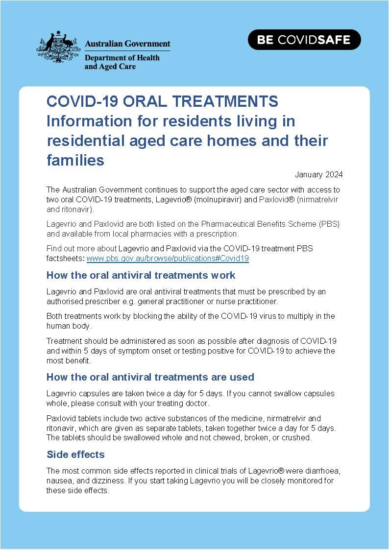 Cover pages from COVID-19 oral treatments – Information for residents in residential aged care homes and their families