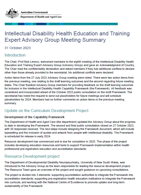 Intellectual Disability Health Education and Training Expert Advisory Group – Meeting summary