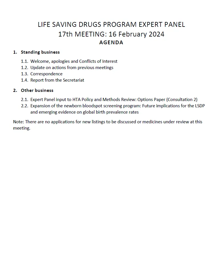 Life Saving Drugs Program (LSDP) Expert Panel meeting agenda cover image
