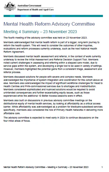 Mental Health Reform Advisory Committee meeting summary – 23 November 2023