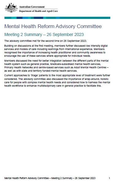 Mental Health Reform Advisory Committee meeting summary – 26 September 2023
