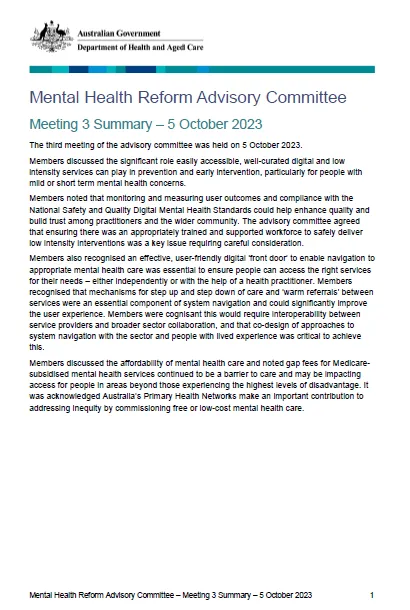 Mental Health Reform Advisory Committee meeting summary – 5 October 2023