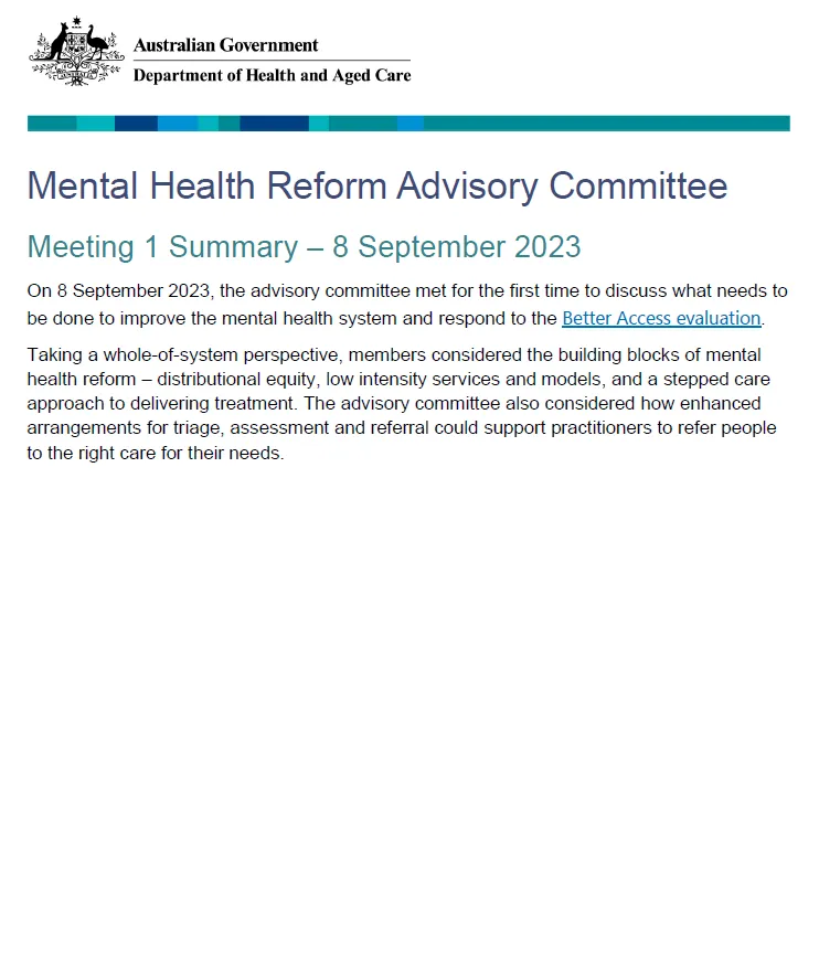 Mental Health Reform Advisory Committee meeting summary – 8 September 2023