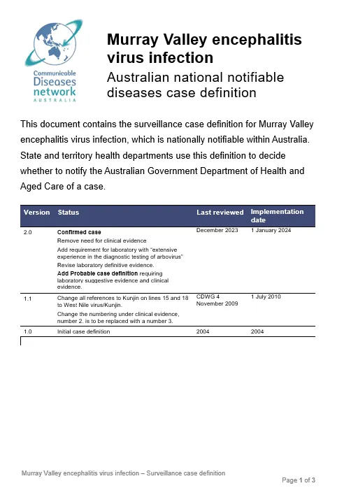 Murray Valley encephalitis virus infection – Surveillance case definition coverpage