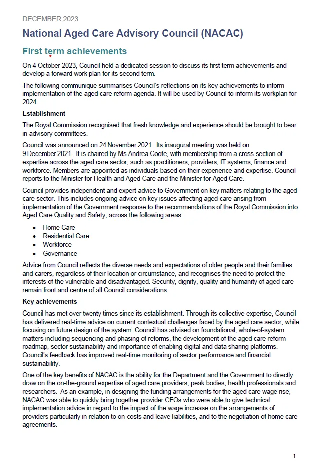 National Aged Care Advisory Council communique – First term achievements cover page