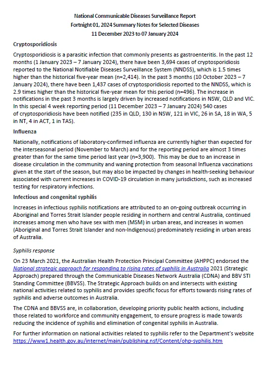 NNDSS fortnightly reports – 11 December 2023 to 07 January 2024 coverpage